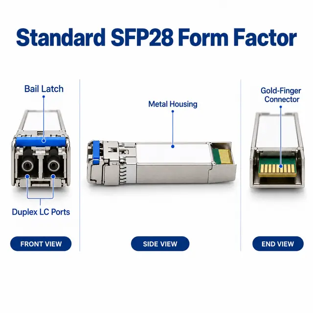 25G SFP28 ER 1310nm 40km Single-Mode Duplex LC Transceiver technical drawing 1: dimensions, structure and interfaces