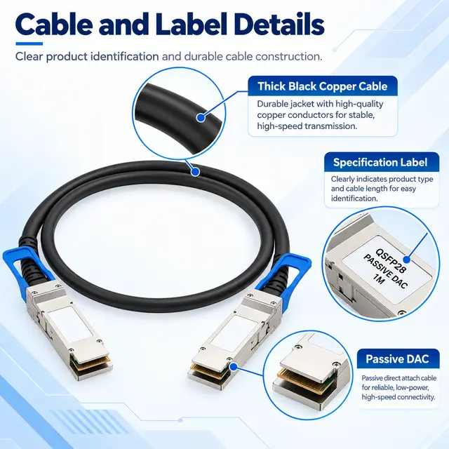 100G QSFP28 to QSFP28 Passive Direct Attach Copper Cable technical drawing 3: dimensions, structure and interfaces