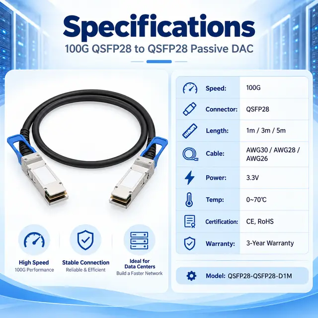 100G QSFP28 to QSFP28 Passive Direct Attach Copper Cable technical drawing 4: dimensions, structure and interfaces