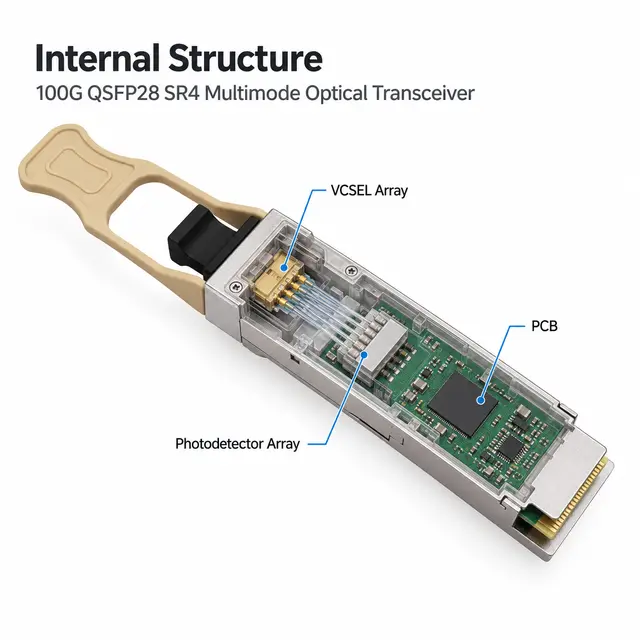 100G QSFP28 SR4 DDM Data Center Optical Transceiver Module technical drawing 2: dimensions, structure and interfaces