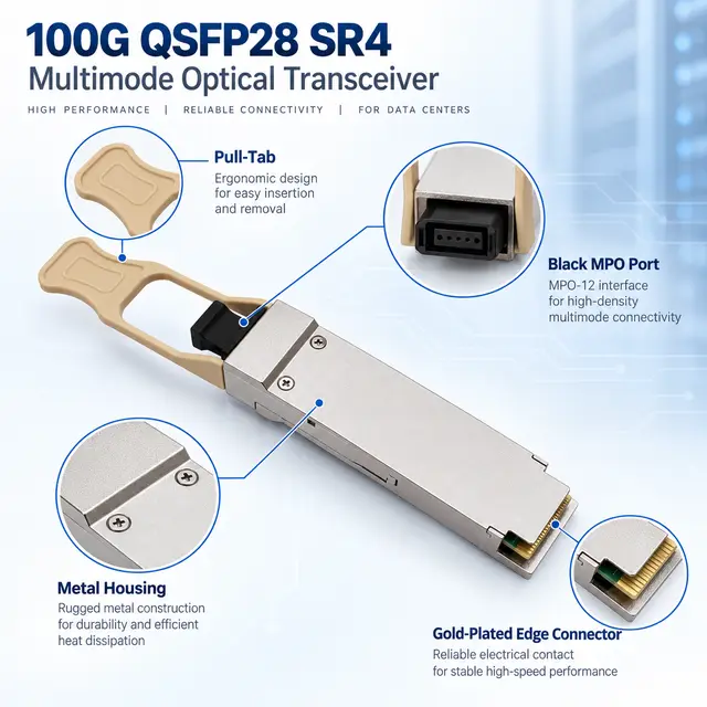 100G QSFP28 SR4 DDM Data Center Optical Transceiver Module technical drawing 3: dimensions, structure and interfaces