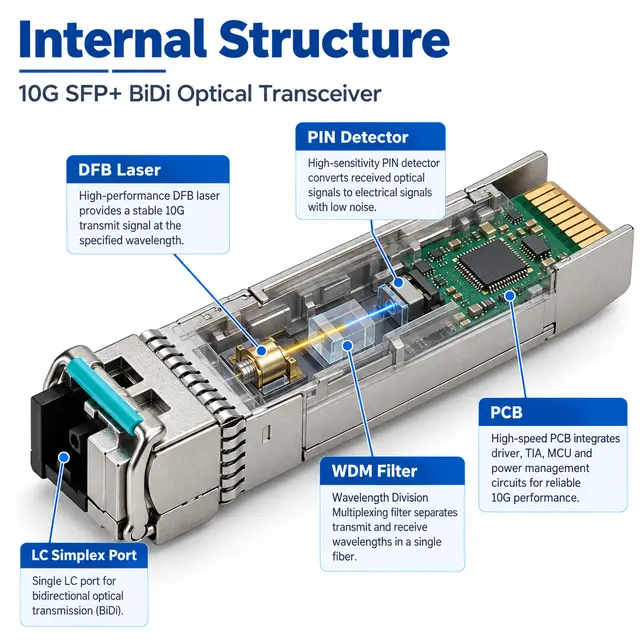 10G SFP+ BiDi BX20 20km 1270/1330nm Single-Fiber Simplex technical drawing 2: dimensions, structure and interfaces