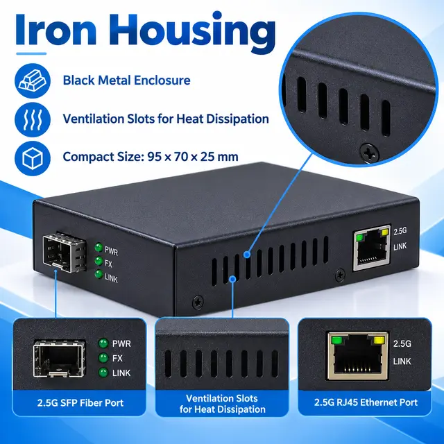 2.5G Fiber to Ethernet Media Converter technical drawing 3: dimensions, structure and interfaces