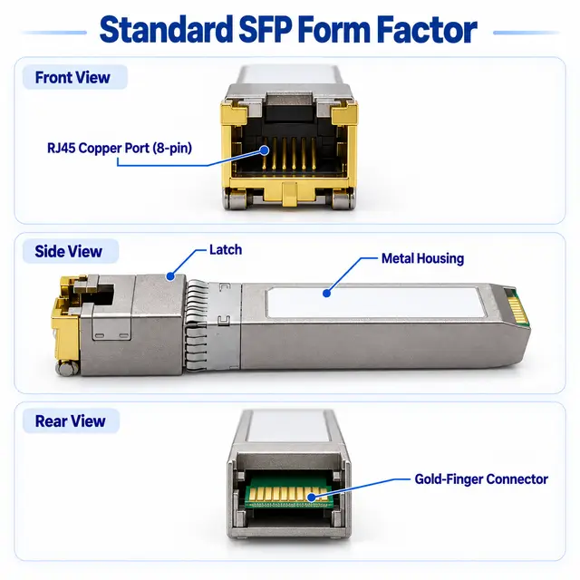 Drop-in 1000BASE-T SFP Copper RJ45 Gigabit 100m Cat5e technical drawing 1: dimensions, structure and interfaces