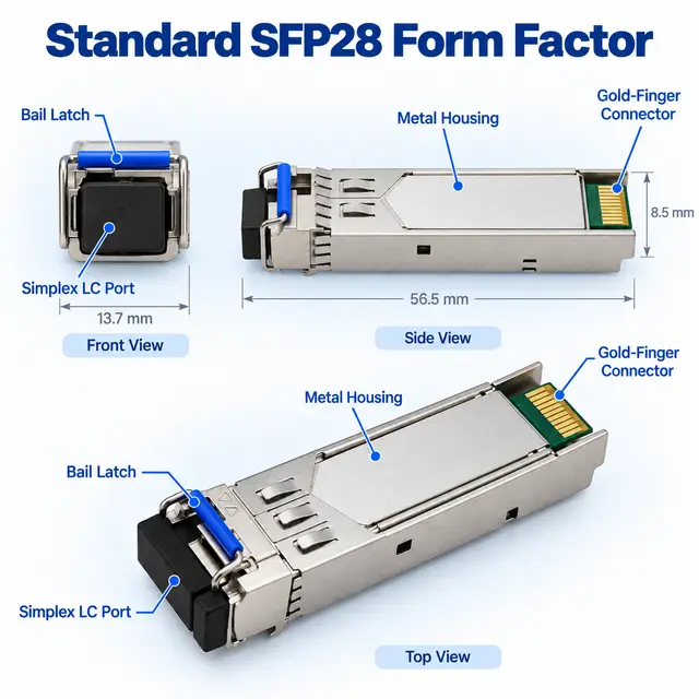 25G SFP28 BiDi Single-Fiber 1270/1330nm WDM Transceiver technical drawing 1: dimensions, structure and interfaces
