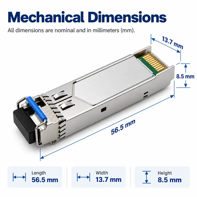 1.25G Gigabit SFP Transceiver — 1000Base SM/MM, 550m to technical drawing 1: dimensions, structure and interfaces