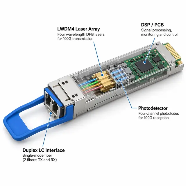 100G QSFP28 LR4 10km 1310nm Single-Mode Dual LC DDM technical drawing 2: dimensions, structure and interfaces