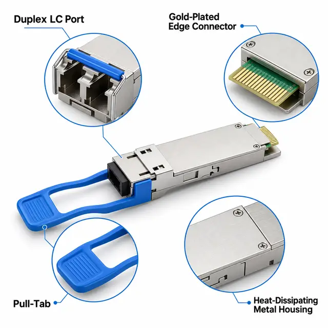 100G QSFP28 LR4 10km 1310nm Single-Mode Dual LC DDM technical drawing 3: dimensions, structure and interfaces