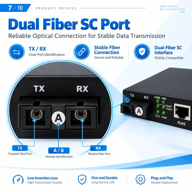 10/100/1000 Gigabit Fiber Media Converter — Single-Mode technical drawing 1: dimensions, structure and interfaces