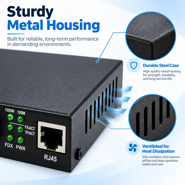 10/100/1000 Gigabit Fiber Media Converter — Single-Mode technical drawing 3: dimensions, structure and interfaces
