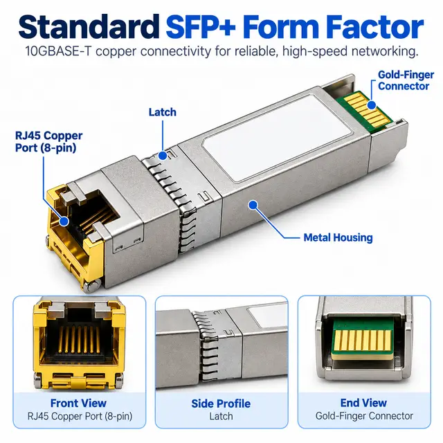 10GBASE-T SFP+ Copper RJ45 100m Multi-Rate technical drawing 1: dimensions, structure and interfaces