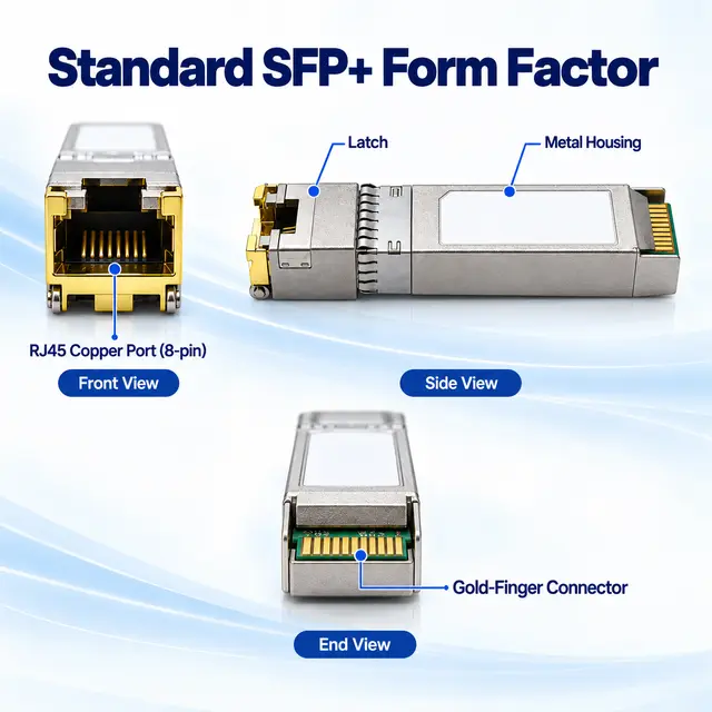 Ethernet 10G SFP+ Copper RJ45 10GBASE-T 100m technical drawing 1: dimensions, structure and interfaces
