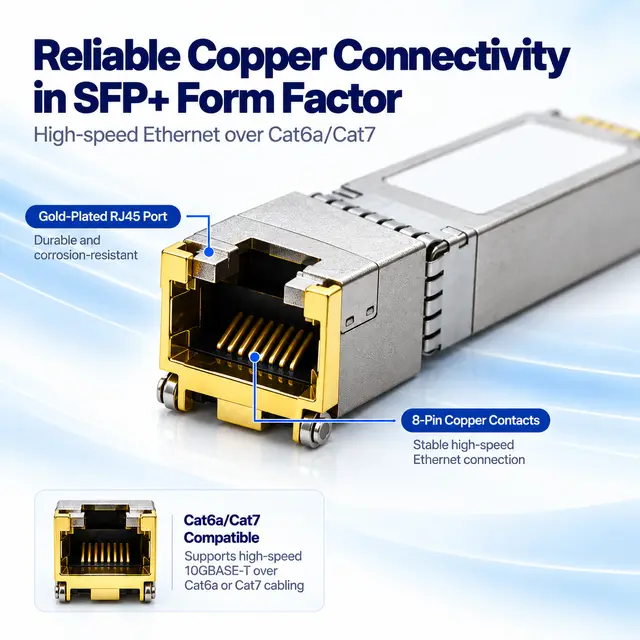 Ethernet 10G SFP+ Copper RJ45 10GBASE-T 100m technical drawing 2: dimensions, structure and interfaces
