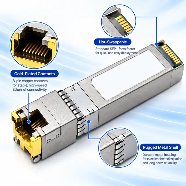 Ethernet 10G SFP+ Copper RJ45 10GBASE-T 100m technical drawing 3: dimensions, structure and interfaces