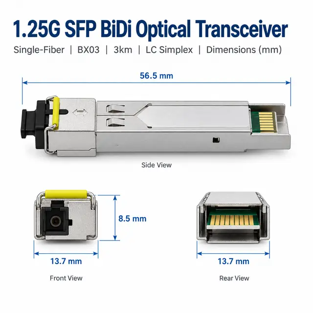 1.25G BiDi SFP 3km Tx1310nm/Rx1490nm Simplex LC SMF DDM technical drawing 1: dimensions, structure and interfaces
