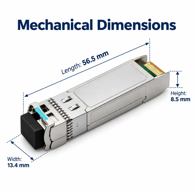 10G SFP+ BiDi BX20 20km Tx1330/Rx1270nm Simplex LC SMF DDM technical drawing 1: dimensions, structure and interfaces