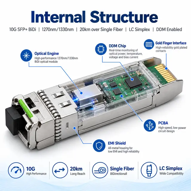 SFP-10G-BX80 10G BiDi 80km 1490/1550nm Simplex LC SMF DDM technical drawing 2: dimensions, structure and interfaces