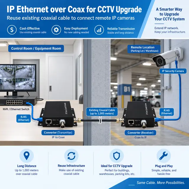 IP Ethernet to Coax Media Converter — RJ45 to BNC — In a host switch 2