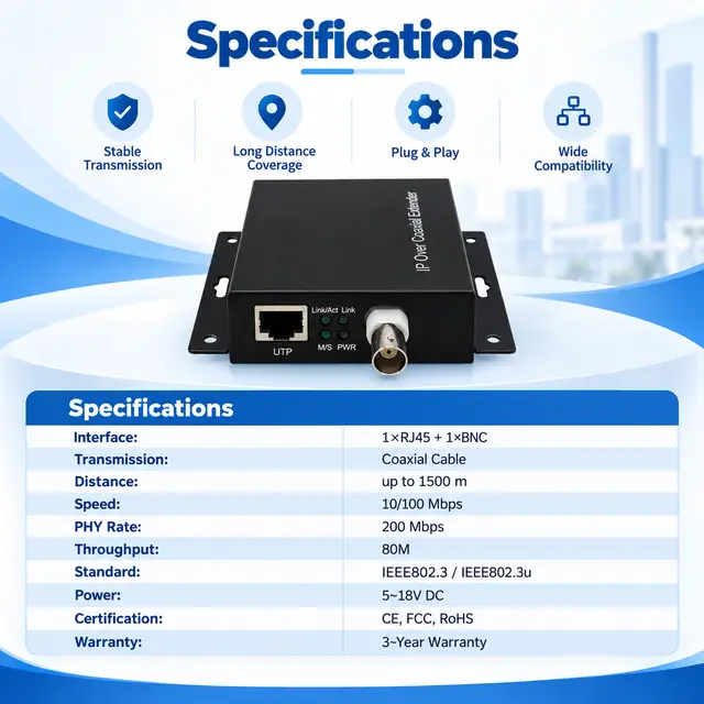 IP Ethernet to Coax Media Converter — RJ45 to BNC technical drawing 4: dimensions, structure and interfaces