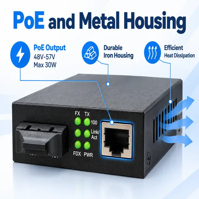 1.25G SFP UTP PoE Media Converter technical drawing 3: dimensions, structure and interfaces