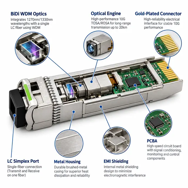 SFP-10G-BX100 10G BiDi 100km 1490/1550nm Simplex LC SMF technical drawing 2: dimensions, structure and interfaces