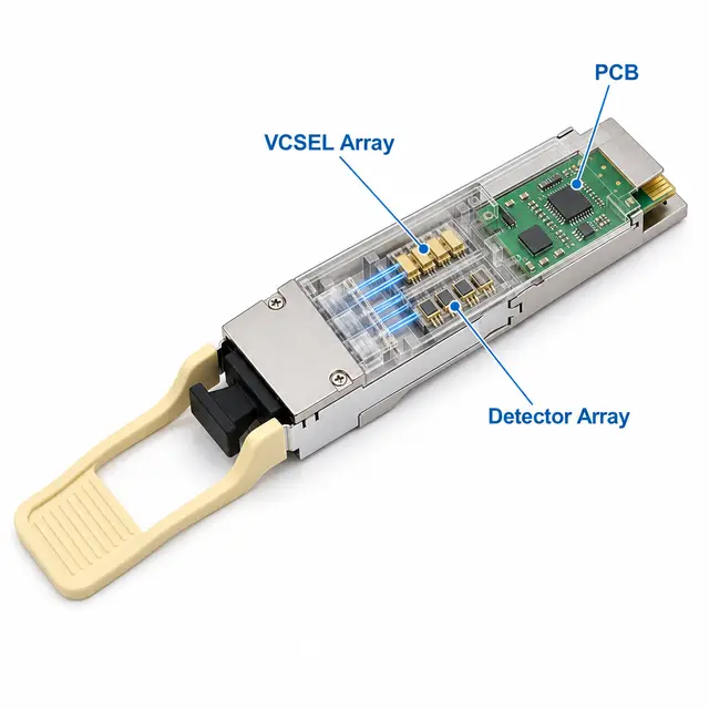 100G QSFP28-SR4 100Gb/s 850nm MPO-12 Multimode Fiber Optic technical drawing 2: dimensions, structure and interfaces