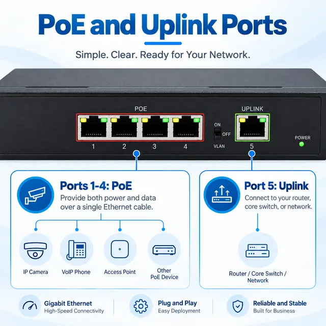 Gigabit PoE IP Ethernet Switch — 4 PoE Ports + 1 Uplink technical drawing 2: dimensions, structure and interfaces