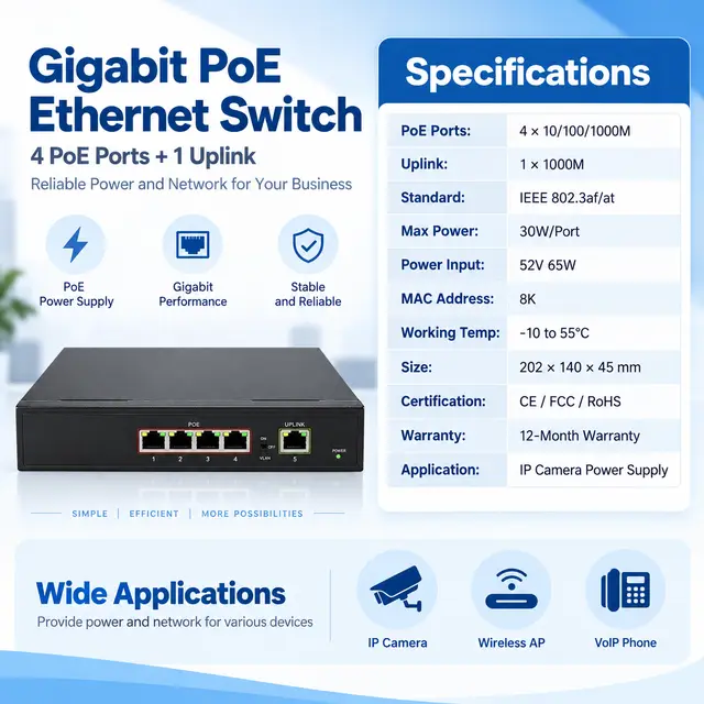 Gigabit PoE IP Ethernet Switch — 4 PoE Ports + 1 Uplink technical drawing 4: dimensions, structure and interfaces