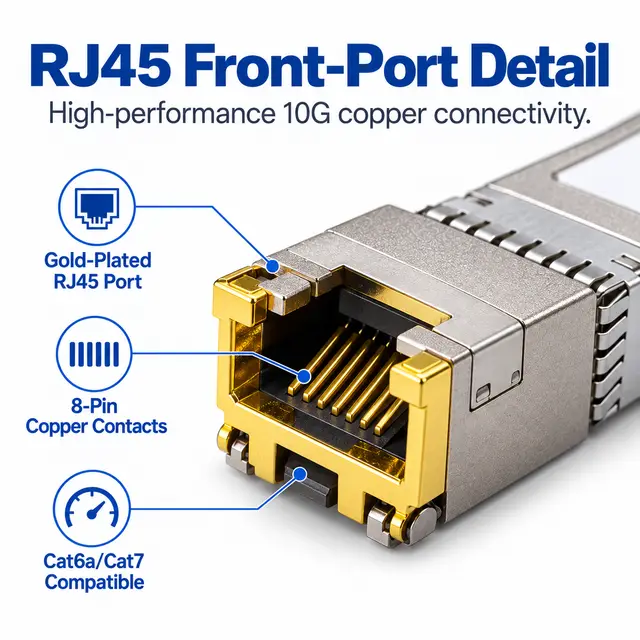 10G SFP+ Copper RJ45 10GBASE-T 100m Cat6a/Cat7 Multi-Rate technical drawing 2: dimensions, structure and interfaces
