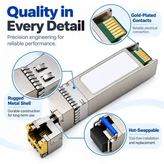 10G SFP+ Copper RJ45 10GBASE-T 100m Cat6a/Cat7 Multi-Rate technical drawing 3: dimensions, structure and interfaces