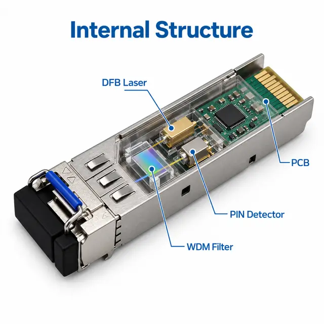 1.25G Gigabit BiDi SFP Transceiver 40km 1310nm/1550nm technical drawing 2: dimensions, structure and interfaces