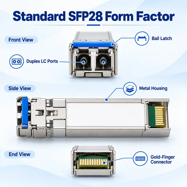 25G SFP28 LR 1310nm 10km Single-Mode Duplex LC Transceiver technical drawing 1: dimensions, structure and interfaces