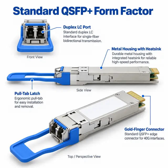 40G QSFP+ ER4 CWDM4 1270-1330nm 40km Single-Mode Duplex LC technical drawing 1: dimensions, structure and interfaces