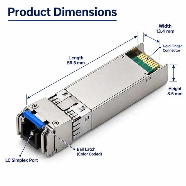 10G SFP+ BiDi BX100 100km 1490/1550nm Simplex LC - Transceiver Module technical drawing 1: dimensions, structure and interfaces