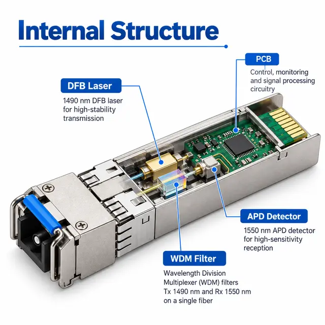 10G SFP+ BiDi BX100 100km 1490/1550nm Simplex LC - Transceiver Module technical drawing 2: dimensions, structure and interfaces