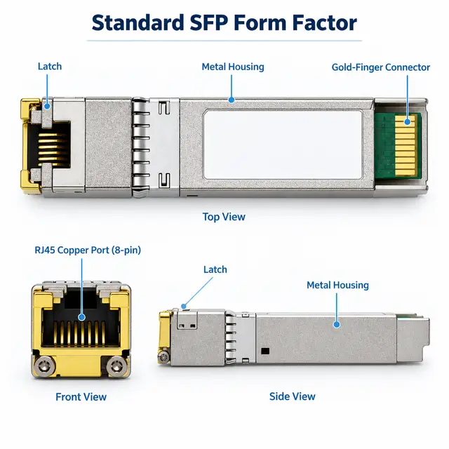 Affordable 1000BASE-T SFP Copper RJ45 Gigabit 100m technical drawing 1: dimensions, structure and interfaces