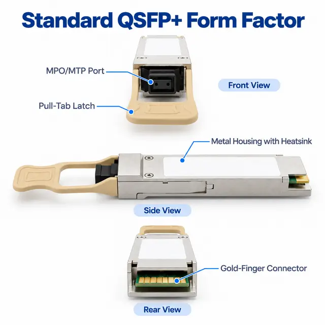 40G QSFP+ SR4 850nm 100-300m Multimode MPO Transceiver — technical drawing 1: dimensions, structure and interfaces