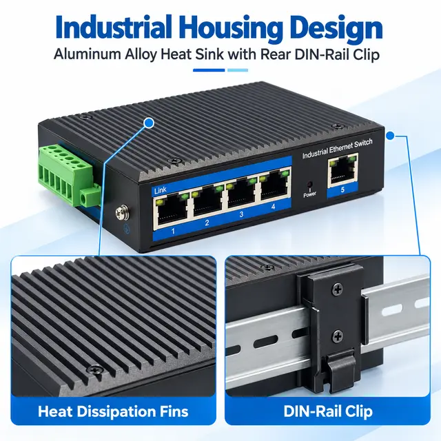 Outdoor Industrial Gigabit Ethernet Switch — 5× RJ45 Port technical drawing 3: dimensions, structure and interfaces