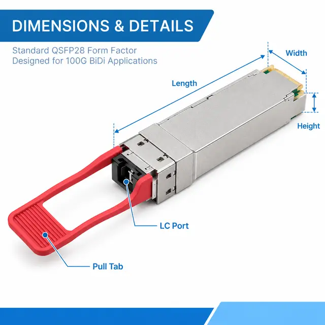 100G BiDi QSFP28 LR1/ER1 10-40km LC Single-Fiber Optical technical drawing 1: dimensions, structure and interfaces