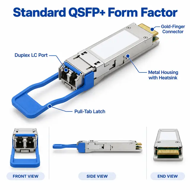 40G QSFP+ ER4 1310nm CWDM 40km Single-Mode Duplex LC technical drawing 1: dimensions, structure and interfaces