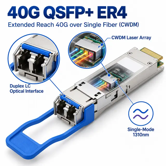 40G QSFP+ ER4 1310nm CWDM 40km Single-Mode Duplex LC technical drawing 2: dimensions, structure and interfaces
