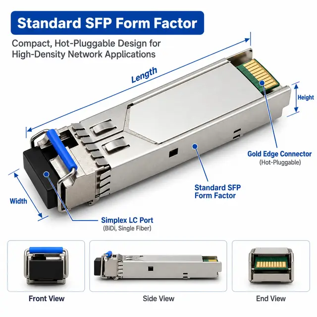 1.25G BiDi Single-Fiber SFP Transceiver 1310nm/1550nm 20km technical drawing 1: dimensions, structure and interfaces