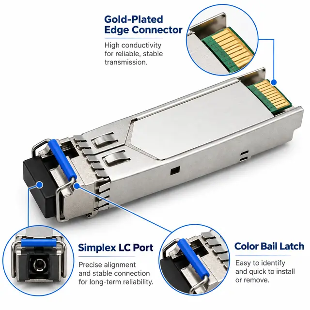 1.25G BiDi Single-Fiber SFP Transceiver 1310nm/1550nm 20km technical drawing 3: dimensions, structure and interfaces