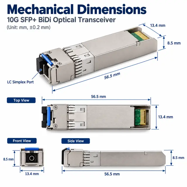 10G SFP+ BiDi BX100 100km 1490/1550nm - Carrier-Grade Transceiver technical drawing 1: dimensions, structure and interfaces