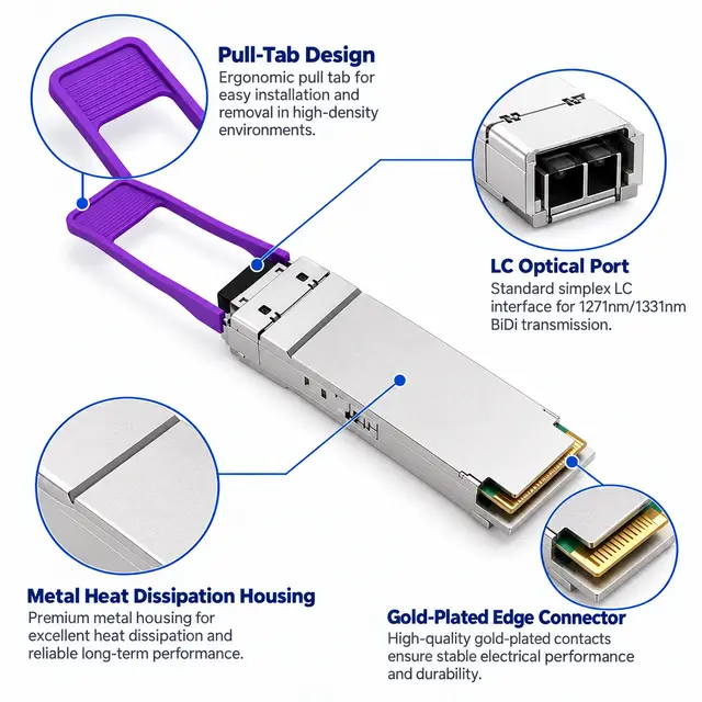 100GBASE-BX10 QSFP28 BiDi 1271/1331nm 10km Simplex LC SMF technical drawing 3: dimensions, structure and interfaces