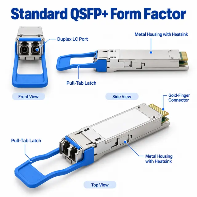 40G QSFP+ Optical Transceivers SR4 / LR4 / PSM4 / ER4 technical drawing 1: dimensions, structure and interfaces