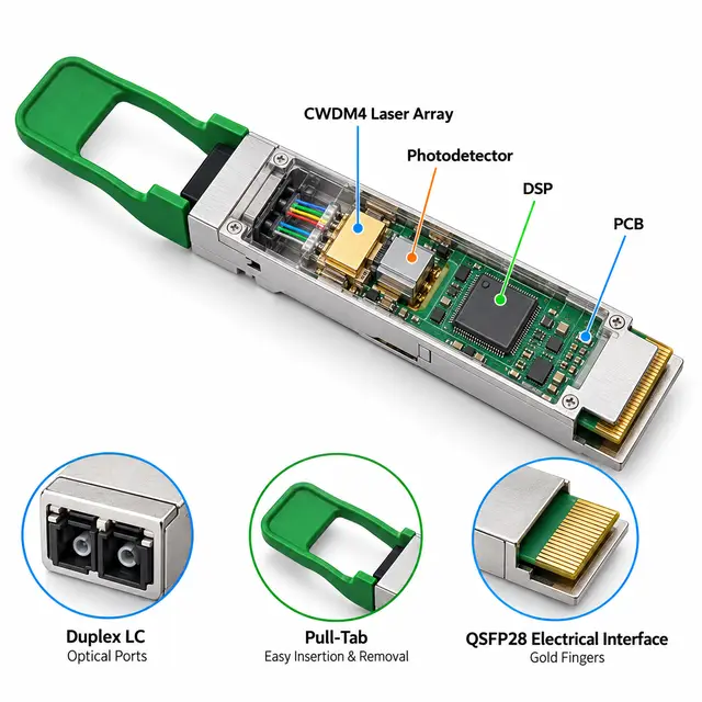 100G QSFP28 CWDM4-S 1310nm 2km Duplex LC SMF Optical technical drawing 2: dimensions, structure and interfaces