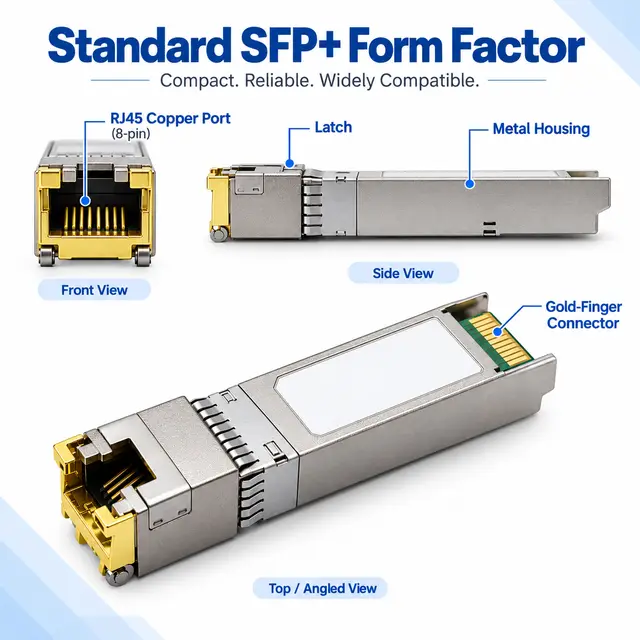 Affordable 10G SFP+ Copper RJ45 10GBASE-T 100m technical drawing 1: dimensions, structure and interfaces