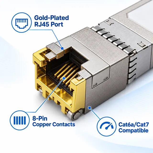 Affordable 10G SFP+ Copper RJ45 10GBASE-T 100m technical drawing 2: dimensions, structure and interfaces