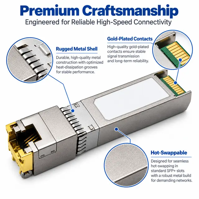 Affordable 10G SFP+ Copper RJ45 10GBASE-T 100m technical drawing 3: dimensions, structure and interfaces